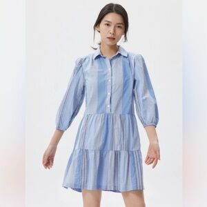 Gap Blue Stripe Patchwork Tiered Shirt Dress Cottagecore Puff Sleeve M